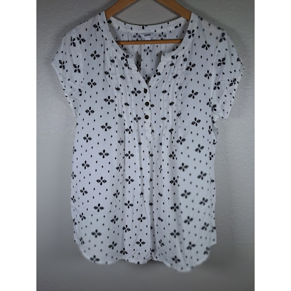 Sonoma Goods For Life White Black Diamond Print Pintuck Blouse Small